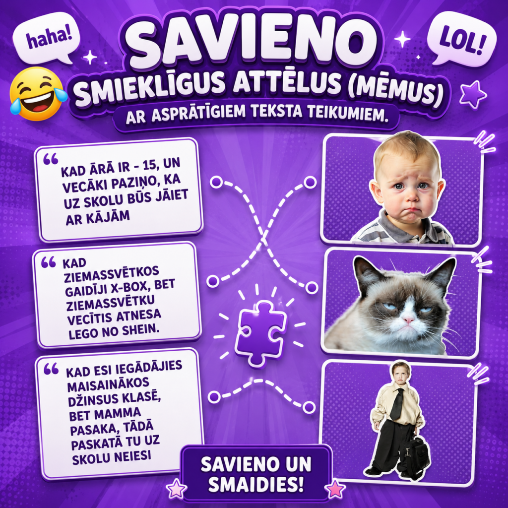 Spēle "Savieno smieklīgus attēlus ar asprātīgiem tekstiem"