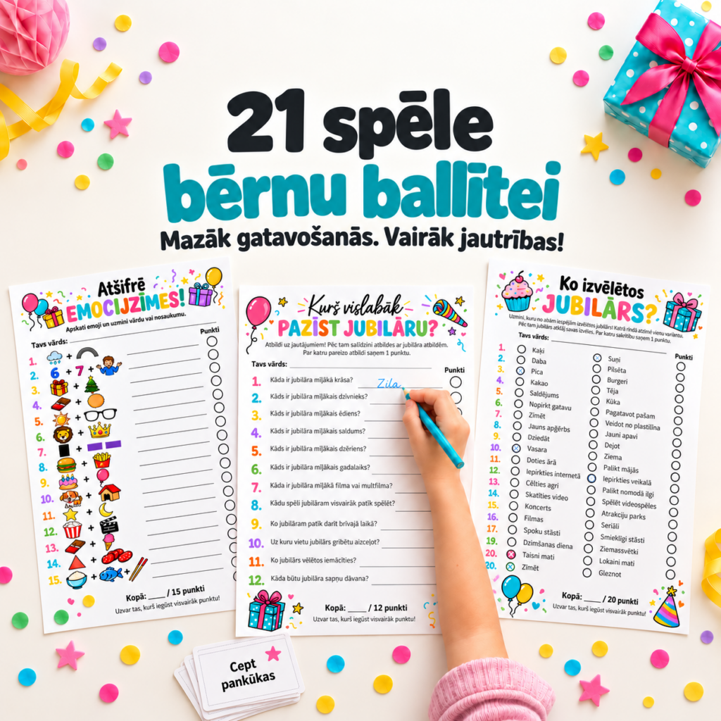 Dzimšanas dienas spēļu komplekts bērniem — 21 spēle un aktivitāte