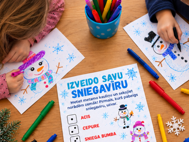 Jautra metamā kauliņa spēle bērniem: izveido savu SNIEGAVĪRU